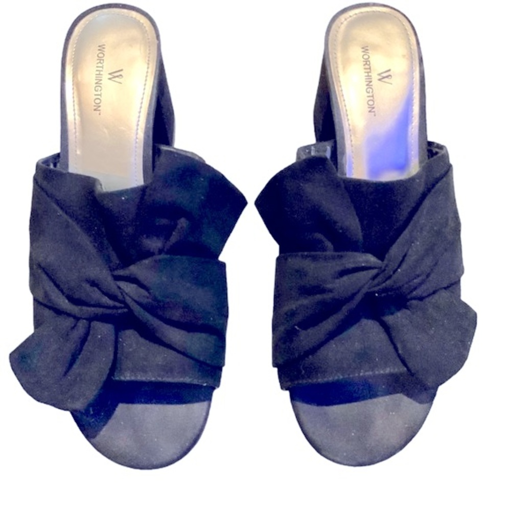 Worthington Shoes Black Microsuede 3 Inch Chunky Heels Bow Detail Sandals Size 8 - Picture 4 of 8